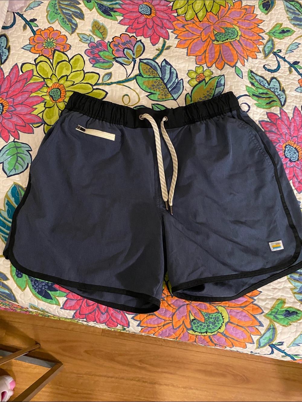 Vuori Navy Athletic Shorts with Black Waistband and Trim